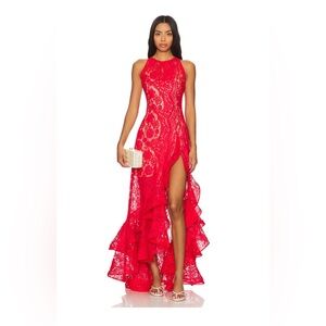 Elegant Bronx & Banco Sicilia Red Lace Evening Gown